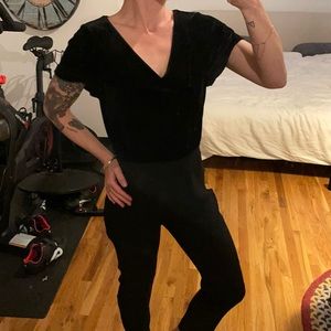 Petite velvet-bodice black jumpsuit